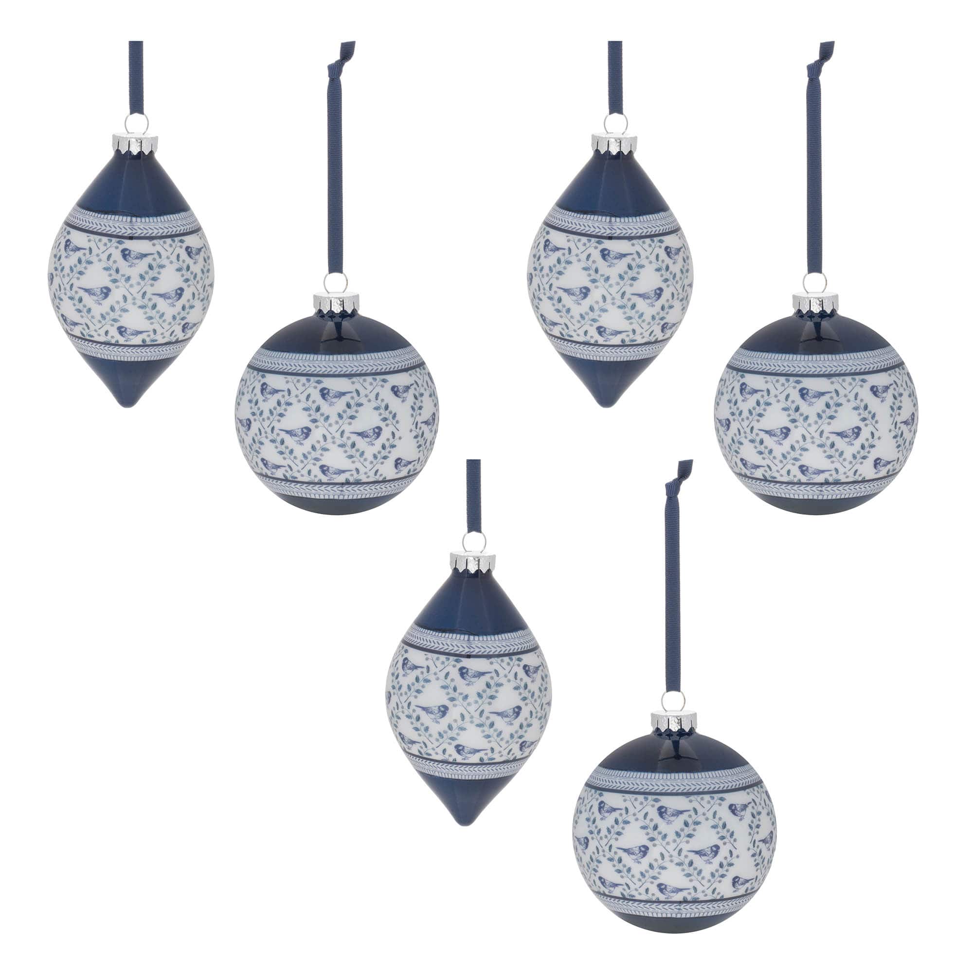 White & Blue Glass Bird & Floral Print Christmas Ornaments Set